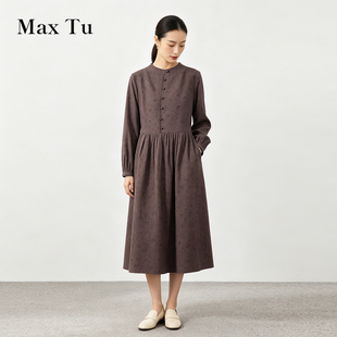 Max Tu女装26秋复古文艺风水洗棉麻连衣裙宽松收腰中长款气质裙