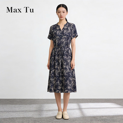 MaxTu夏桑蚕丝碎花收腰连衣裙