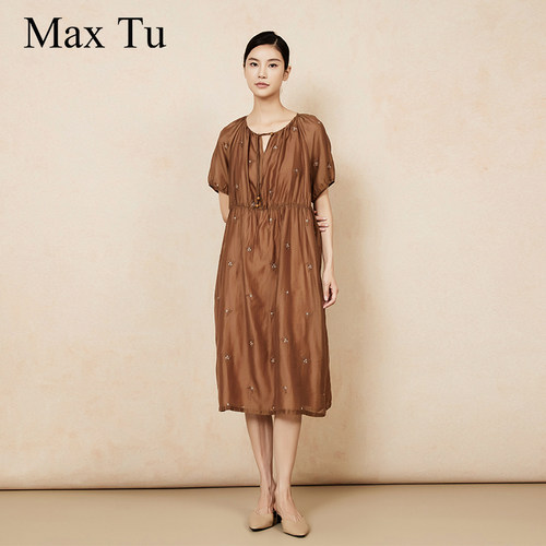 MaxTu夏显瘦刺绣亚麻连衣裙