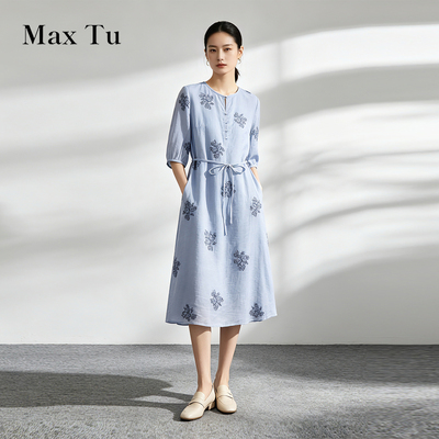 MaxTu夏苎麻刺绣收腰连衣裙