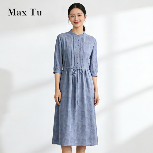 MaxTu春收腰显瘦棉麻连衣裙