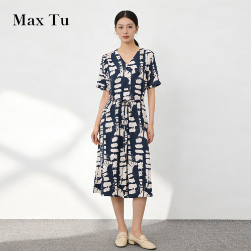 MaxTu夏桑蚕丝印花收腰连衣裙