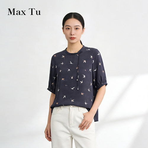 MaxTu新中式桑蚕丝五分袖衬衫