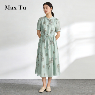 Max Tu女装2026春夏新中式刺绣印花收腰中长裙优雅气质亚麻连衣裙