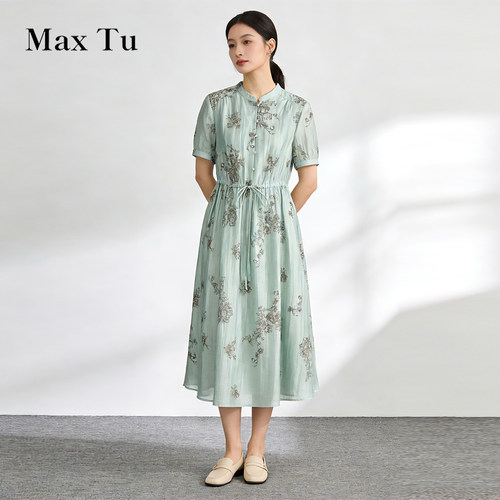 MaxTu新中式亚麻收腰连衣裙
