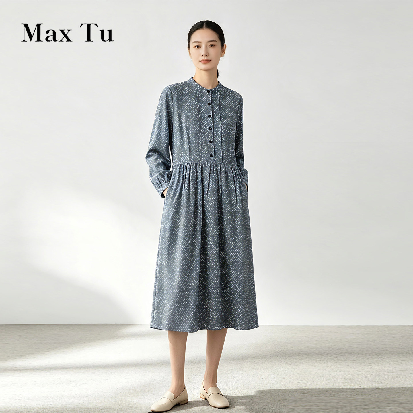 Max Tu女装秋文艺复古风长袖衬衫连衣裙女收腰显瘦全棉通勤长裙
