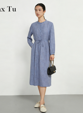 Max Tu女装2026春新款收腰显瘦通勤中长裙棉麻休闲风长袖连衣裙
