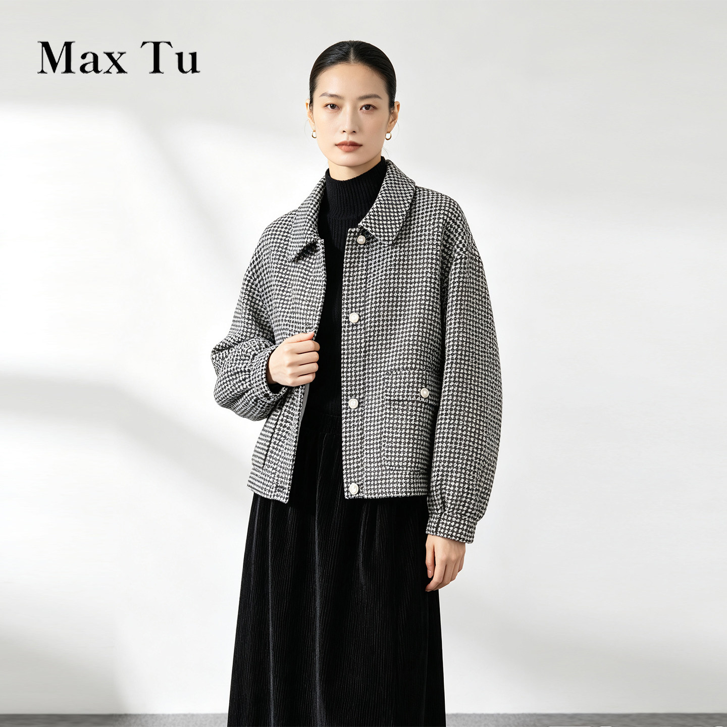 Max Tu女装26秋休闲风翻领纽扣羊毛外套黑白百搭轻奢极简风夹克
