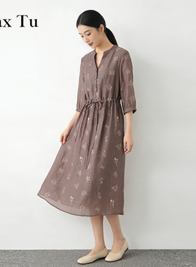 Max Tu女装2026春秋休闲收腰显瘦中长裙五分袖水洗苎麻刺绣连衣裙