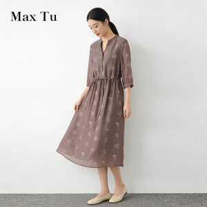 Max Tu女装2026春夏休闲收腰显瘦中长裙五分袖水洗苎麻刺绣连衣裙