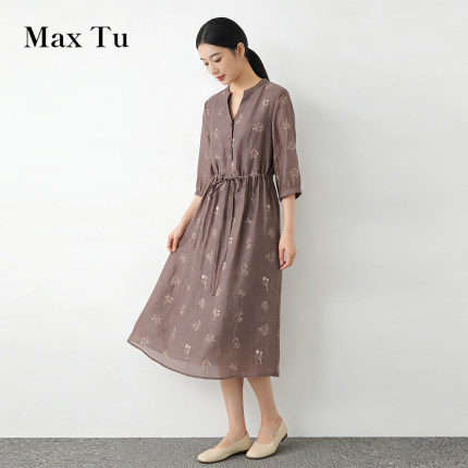 Max Tu女装2026春夏休闲收腰显瘦中长裙五分袖水洗苎麻刺绣连衣裙