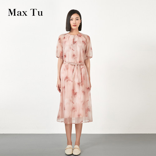 MaxTu女装夏亚麻短袖连衣裙