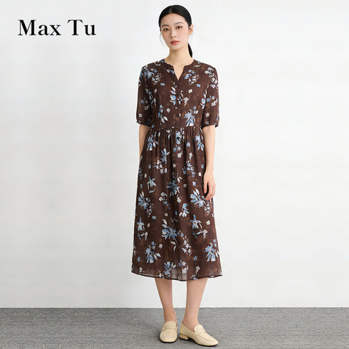 MaxTu美拉德亚麻收腰亚麻连衣裙