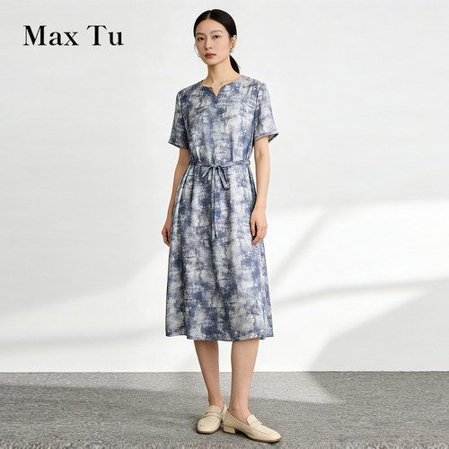 MaxTu桑蚕丝印花收腰连衣裙