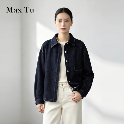 MaxTu藏蓝水洗牛仔明线夹克