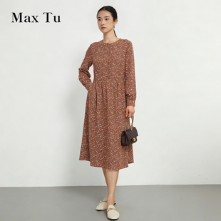 圆领收腰中长裙英伦老钱风长袖 Max 长袖 2026春新款 连衣裙 Tu女装