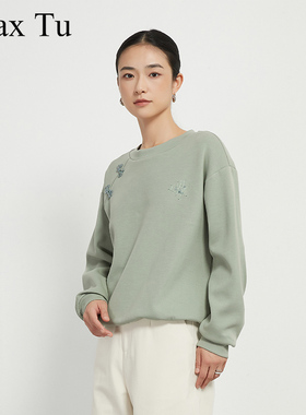 Max Tu女装春秋新款宽松大码休闲百搭弹力棉新中式针织长袖卫衣