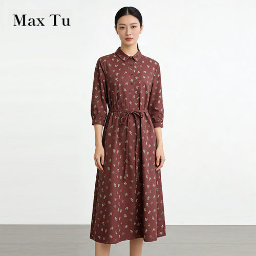 MaxTu春夏全棉翻领收腰衬衫裙