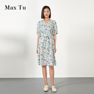 MaxTu夏新款短袖亚麻连衣裙