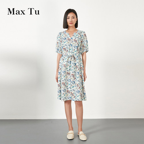 MaxTu夏新款短袖亚麻连衣裙