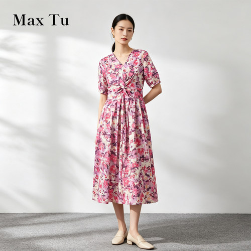 MaxTu单层全棉碎花显瘦连衣裙
