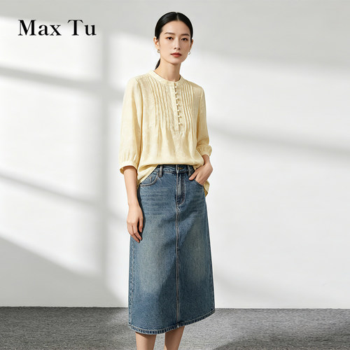MaxTu夏季水洗苎麻杏仁黄衬衫