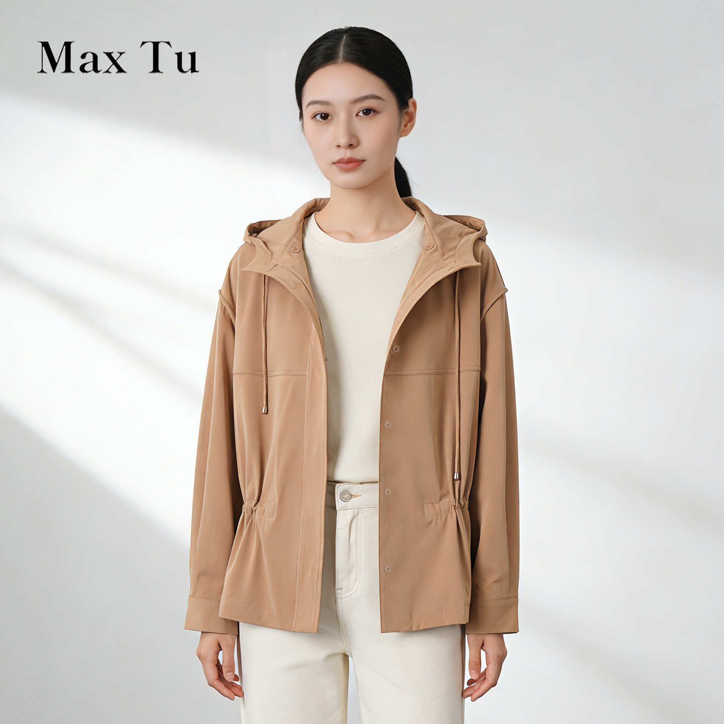 Max Tu女装春秋宽松大码抽绳收腰显瘦连帽夹克风衣外套
