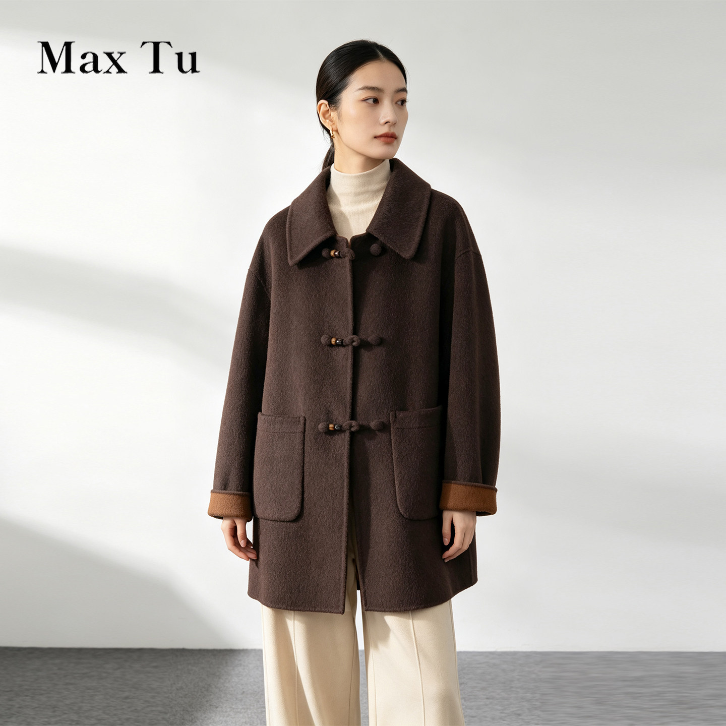Max Tu女装26冬宽松大码毛呢外套翻领中长款显瘦韩版双面呢大衣