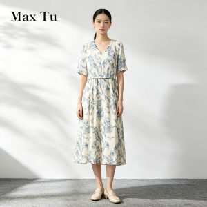 Max Tu女装2026夏桑蚕丝真丝连衣裙短袖V领印花收腰中长裙高级感