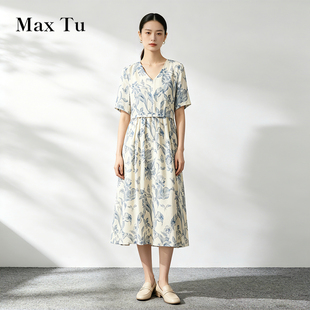 Max Tu女装2026夏桑蚕丝真丝连衣裙短袖V领印花收腰中长裙高级感