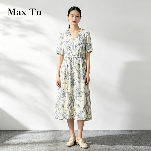 MaxTu桑蚕丝印花收腰连衣裙