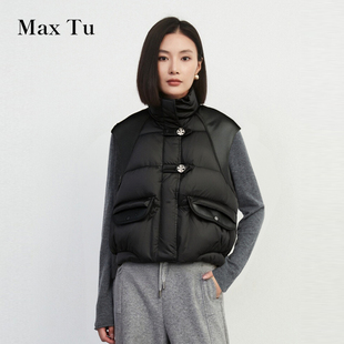 时尚 Max 宽松大码 2025冬新款 新潮休闲白鹅绒皮革羽绒马甲 Tu女装