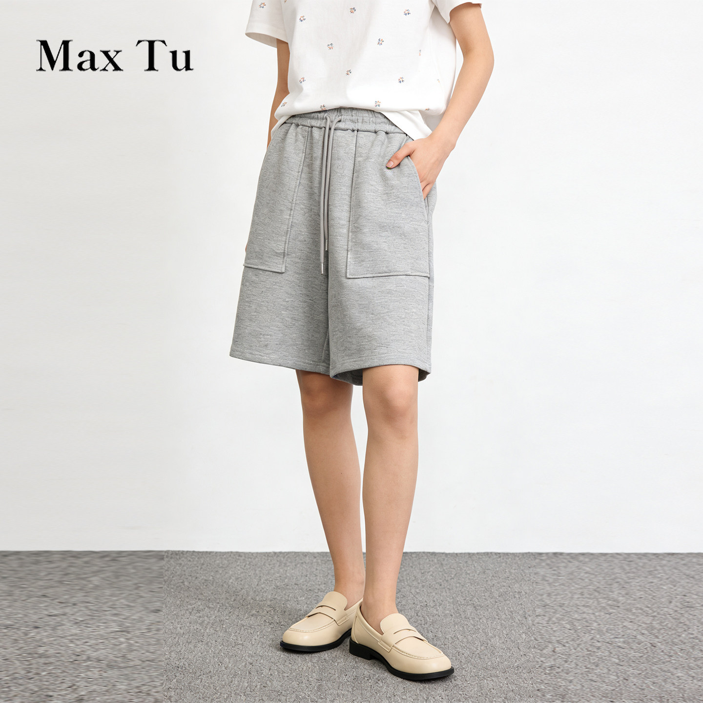 Max Tu 2026休闲针织棉短裤女夏季宽松自然腰口袋款灰色气质百搭