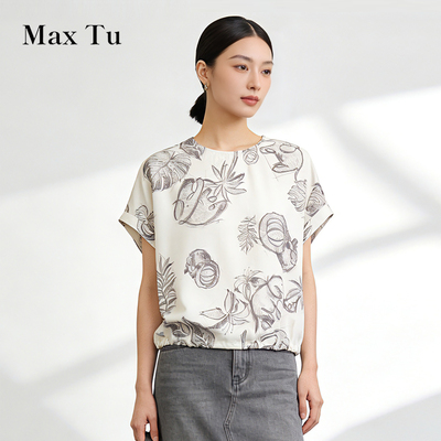 MaxTu夏通勤纯棉印花短袖女衬衫