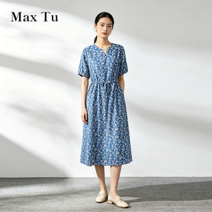 Max Tu女装2026休闲碎花全棉连衣裙短袖V领收腰显瘦中长裙高级感
