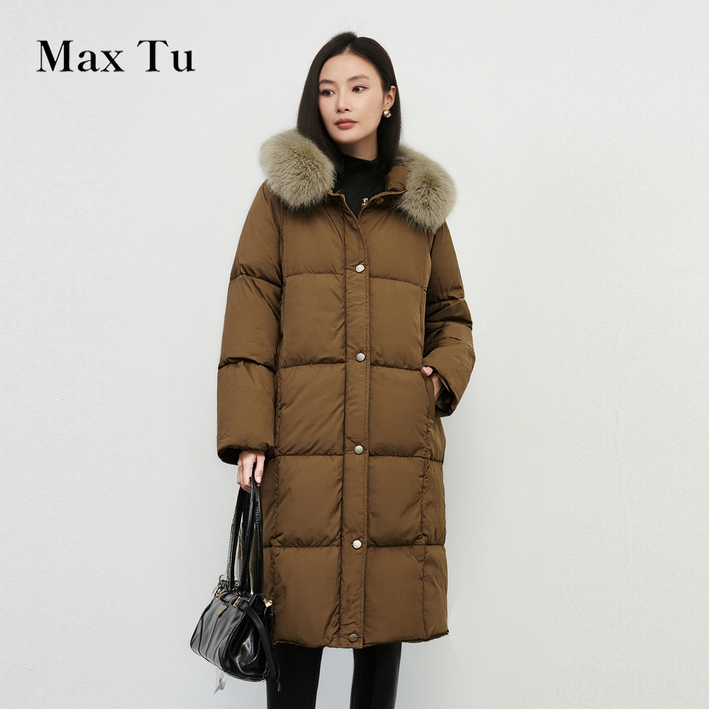 MaxTu大毛领90鸭绒中长款羽绒服