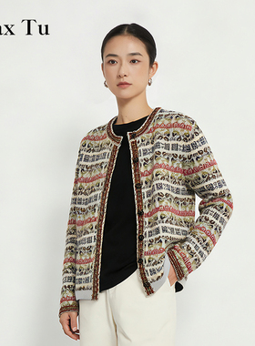 Max Tu女装2025冬费尔岛针织开衫圆领百搭复古提花外套100%羊毛衫