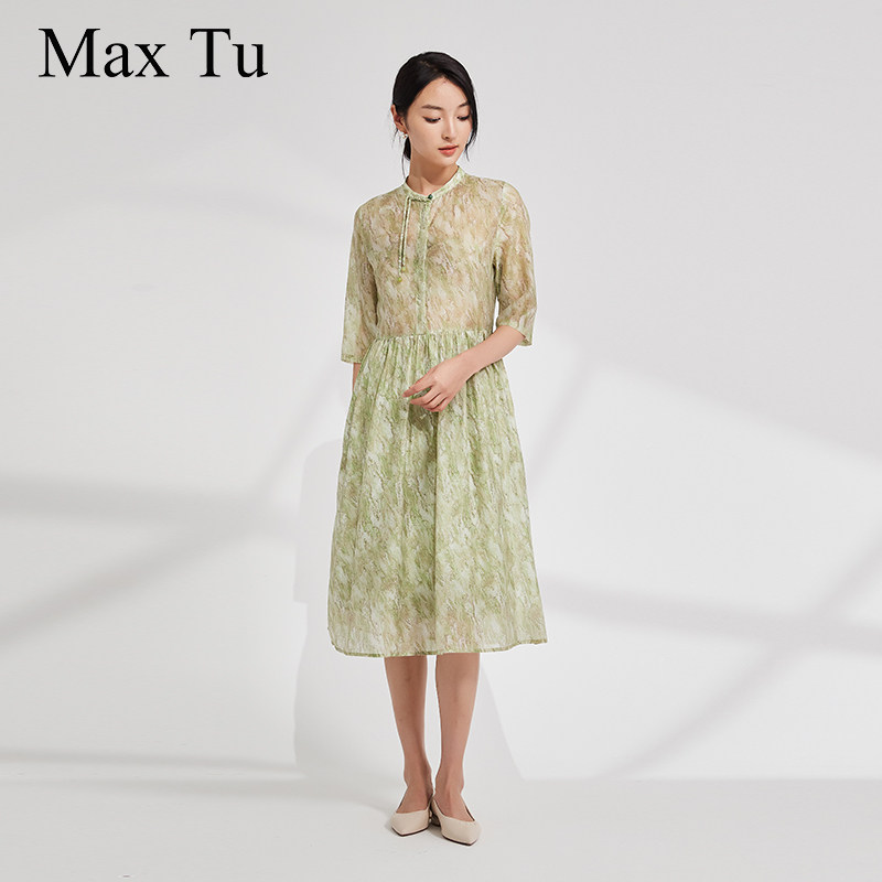 Max Tu女装夏新款宽松大码休闲改良新国风天丝中袖连衣裙