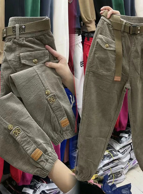 2023秋冬爆款条绒加绒加厚工装裤高腰显瘦百搭米灰色休闲裤哈伦裤