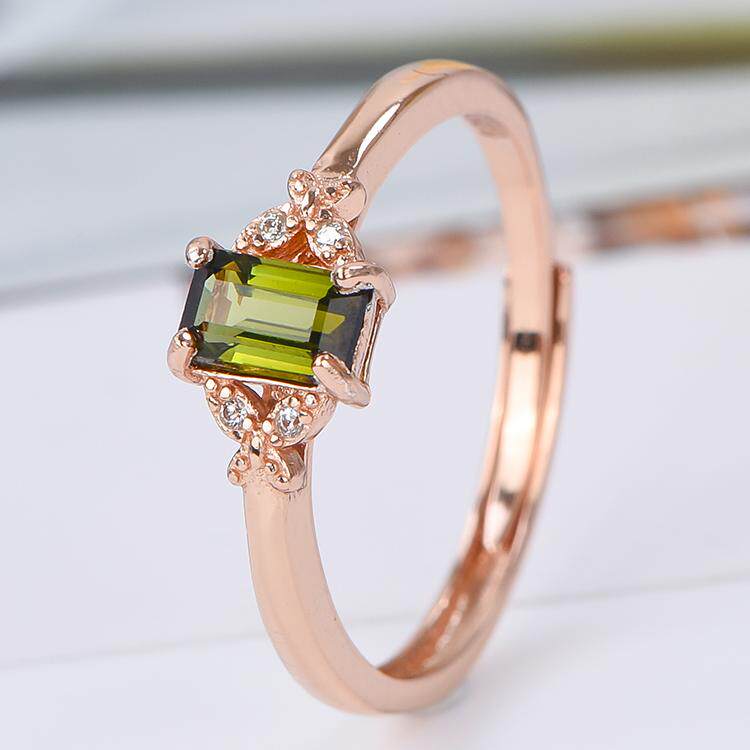 宇彩新品925银镶天然绿碧玺戒指长方形轻奢时尚简约可调活圈包邮