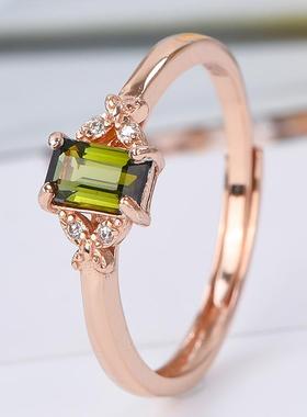 宇彩新品925银镶天然绿碧玺戒指长方形轻奢时尚简约可调活圈包邮