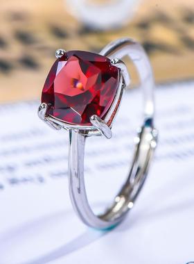 宇彩925银镶嵌天然石榴石戒指枕方百搭时尚中国红满火彩活口包邮