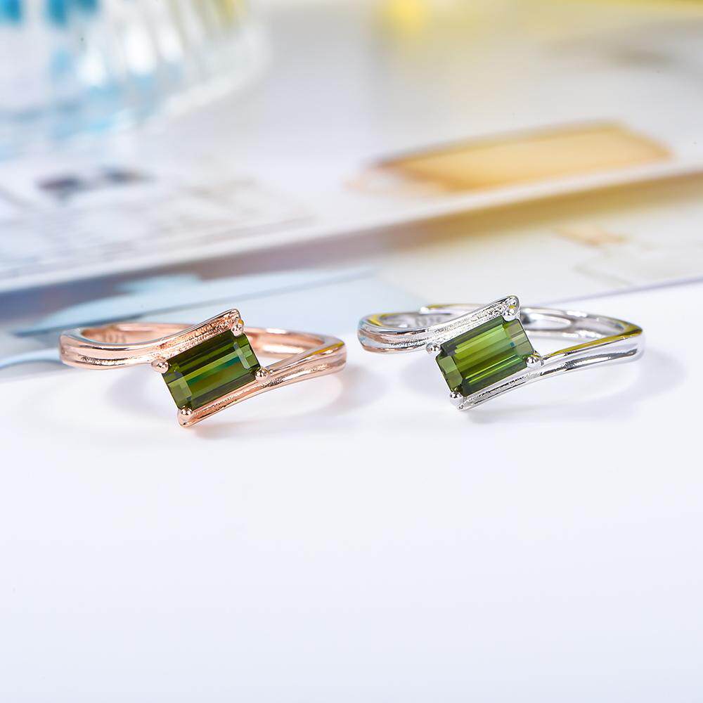 宇彩新品925银镶天然绿碧玺戒指长方形简约时尚可调节活圈包邮