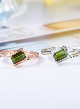 宇彩新品925银镶天然绿碧玺戒指长方形简约时尚可调节活圈包邮