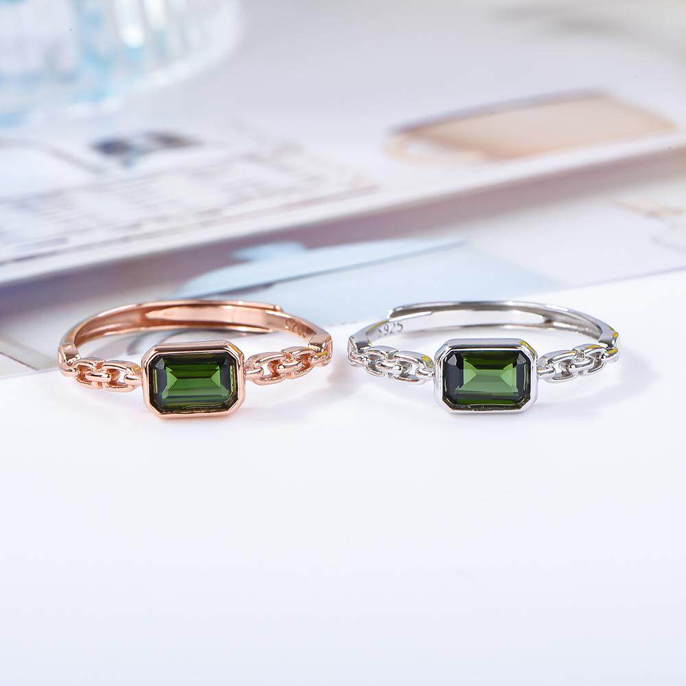 宇彩新品925银镶天然绿碧玺戒指长方形简约时尚可调节活圈包邮