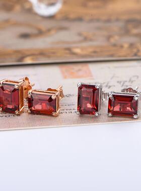 宇彩新品925银镶嵌天然石榴石耳钉长方形红色全净简约时尚包邮