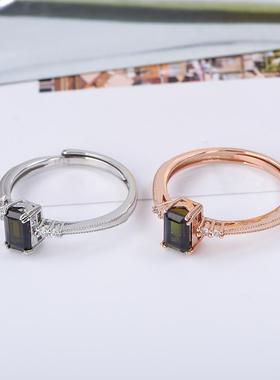宇彩新品925银镶天然绿碧玺戒指长方形简约时尚可调节活圈包邮