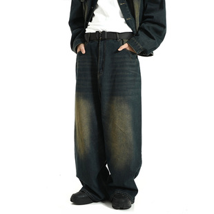 男女嘻哈ins潮水洗做旧宽松百搭直筒长裤 街头美式 复古直筒牛仔裤