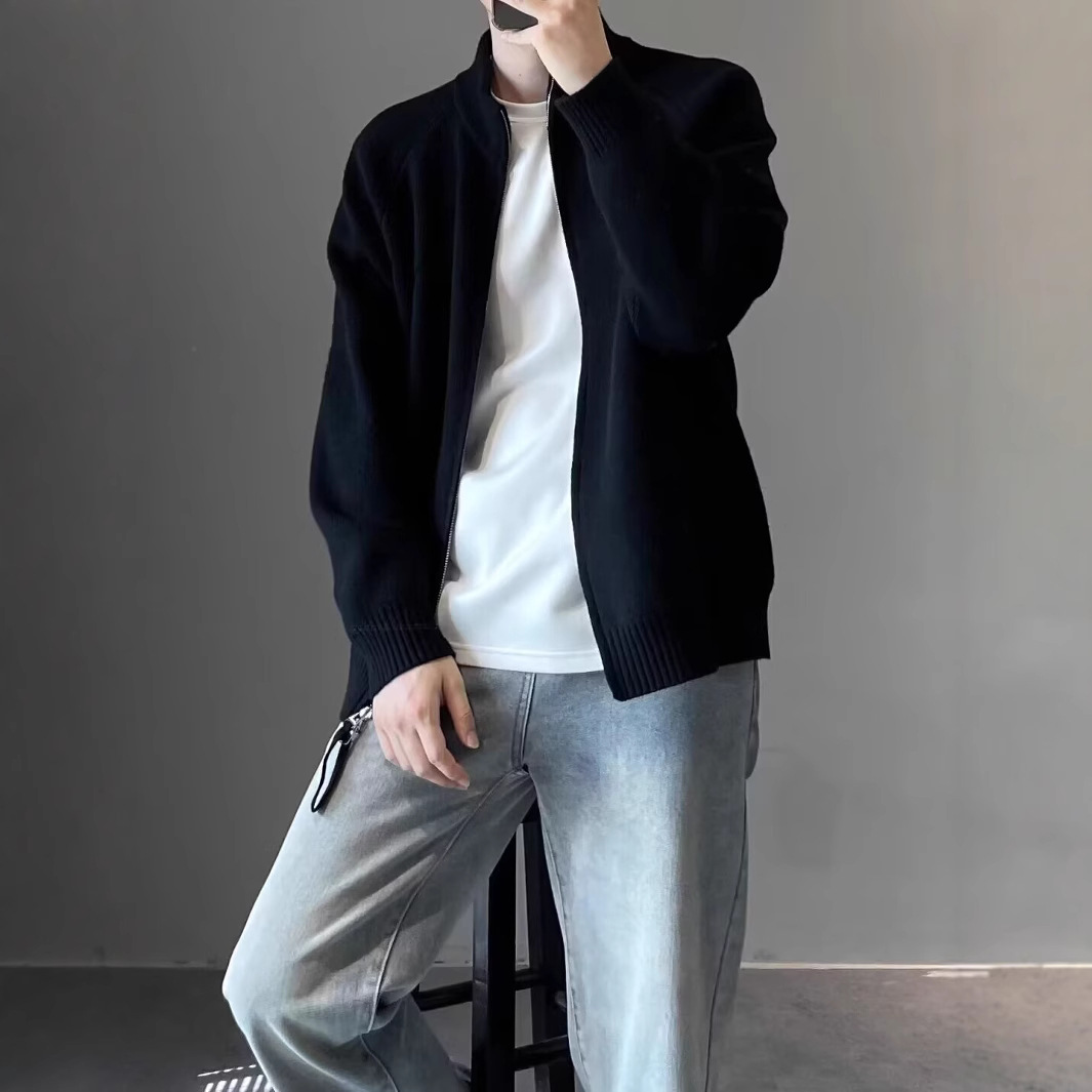 cleanfit黑色针织开衫外套男款秋冬感慵懒风韩系立领拉链毛衣