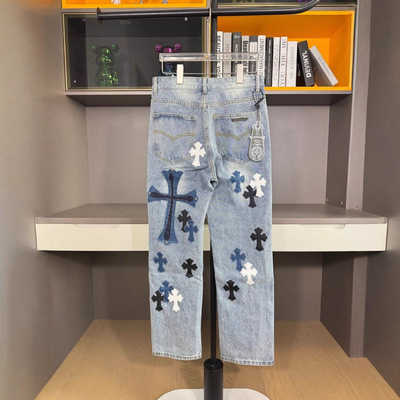 CH24ss秋冬新款克罗伈十字架梵文贴皮水洗做旧男女同款休闲牛仔裤